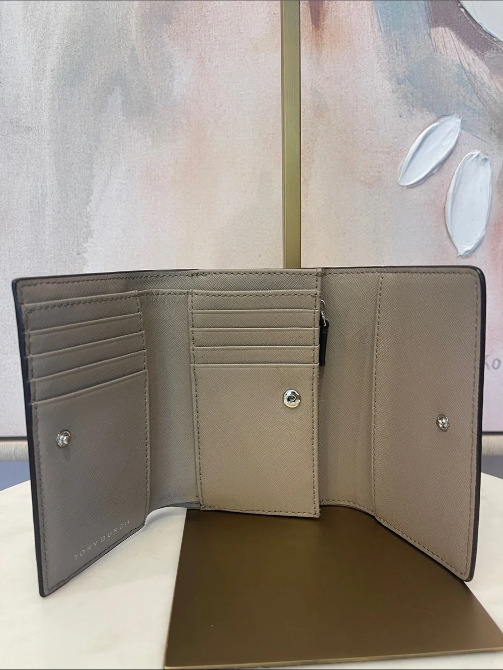 Tory Burch Taupe Trifold Wallet with Logo